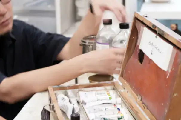 絵画教室で油絵の具の使い方を説明する講師